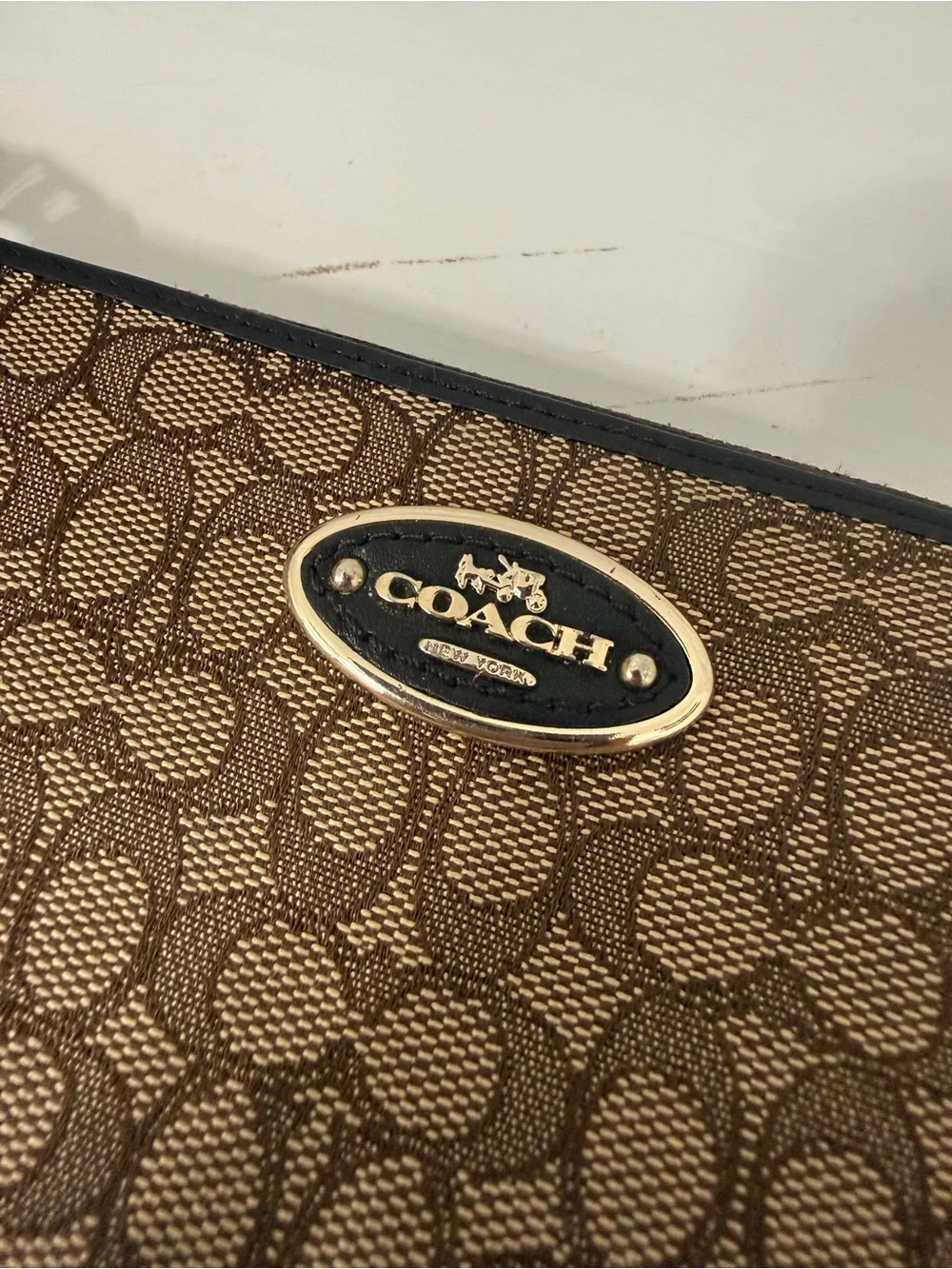 Coach Zip Wallet in Brown Signature Canvas with Black Trim